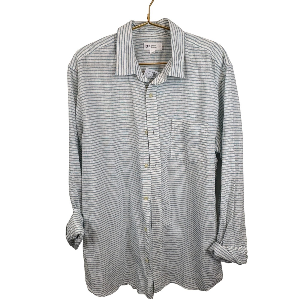 NWT GAP Mens Standard Fit Linen Blend Striped Button Up Shirt Blue White Large